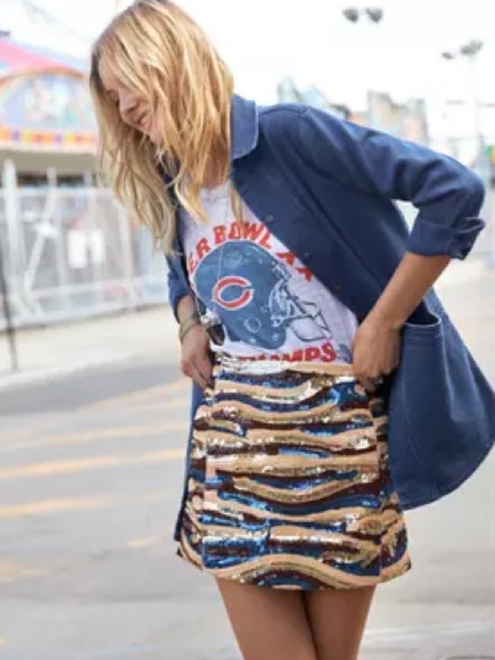 NWT Sezane Massy Mini Skirt Jupe Sequin Wave in Nude, Blue & Brown sz FR 36 US